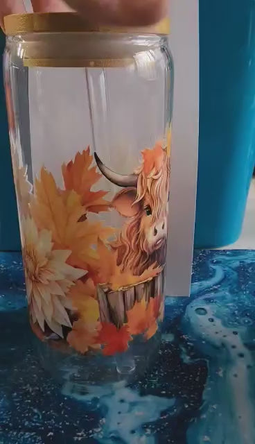 20 Oz Drinking Glasses with Bamboo Lids and Glass Straw - Highland Cow Fall