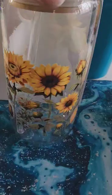 16 Oz Drinking Glasses with Bamboo Lids and Glass Straw - Sunflower Highland Cow