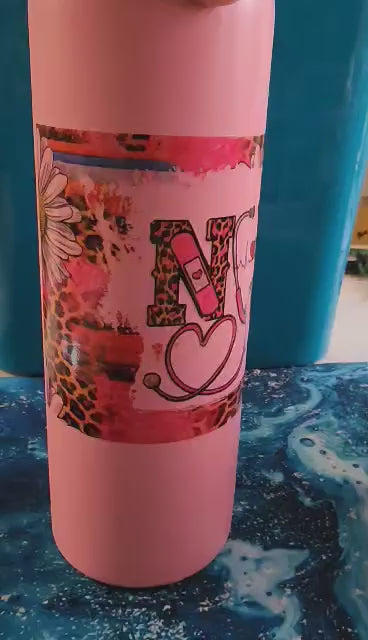20 Oz Skinny Tall Tumbler and metal Straw - Pink Nurse