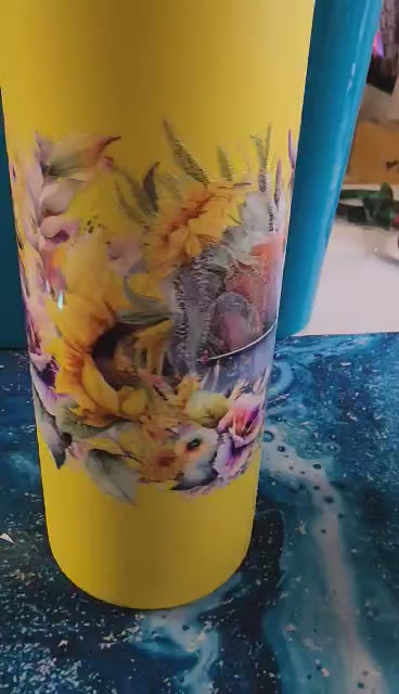 20 Oz Skinny Tall Tumbler and metal Straw - Yellow Highland Cow