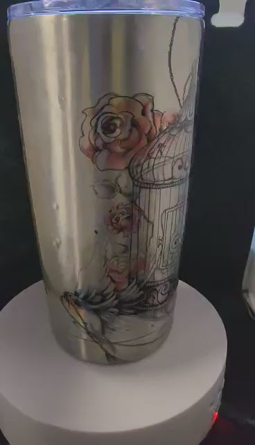 20 Oz Epoxy Tumbler and metal Straw - Bird and cage