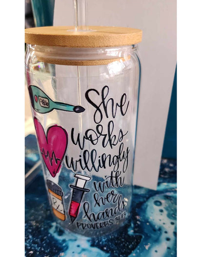 16 Oz Drinking Glasses with Bamboo Lids and Glass Straw -She works willingly proverb