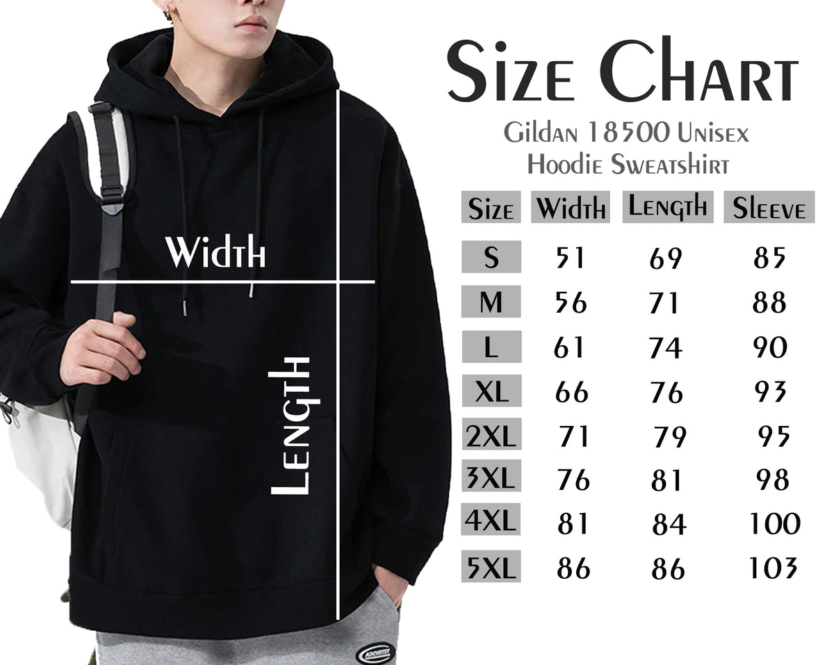 Black hoodie with size chart on a white background
