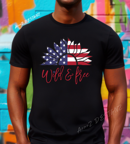 Sunflower Wild and Free Patriotic Adult Tshirt