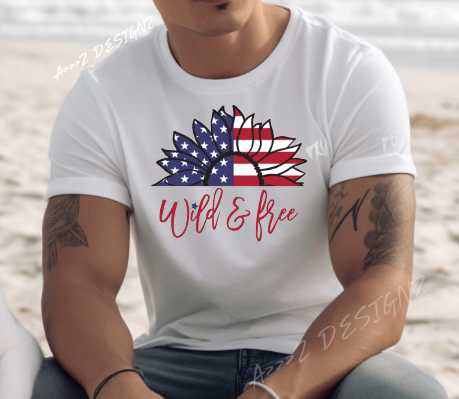 Sunflower Wild and Free Patriotic Adult Tshirt