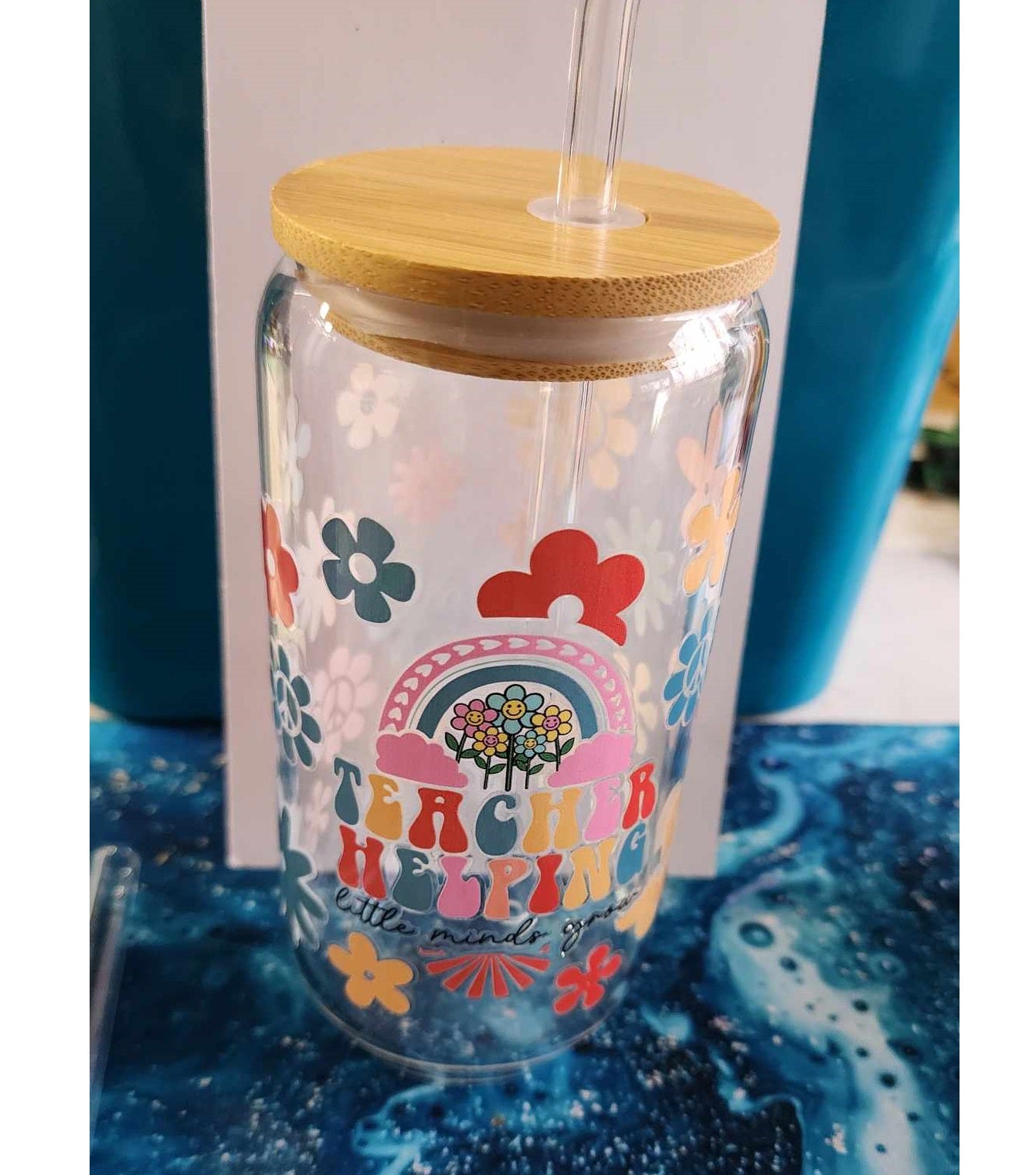 16 Oz Drinking Glasses with Bamboo Lids and Glass Straw - Teacher Helping Shape Little Minds
