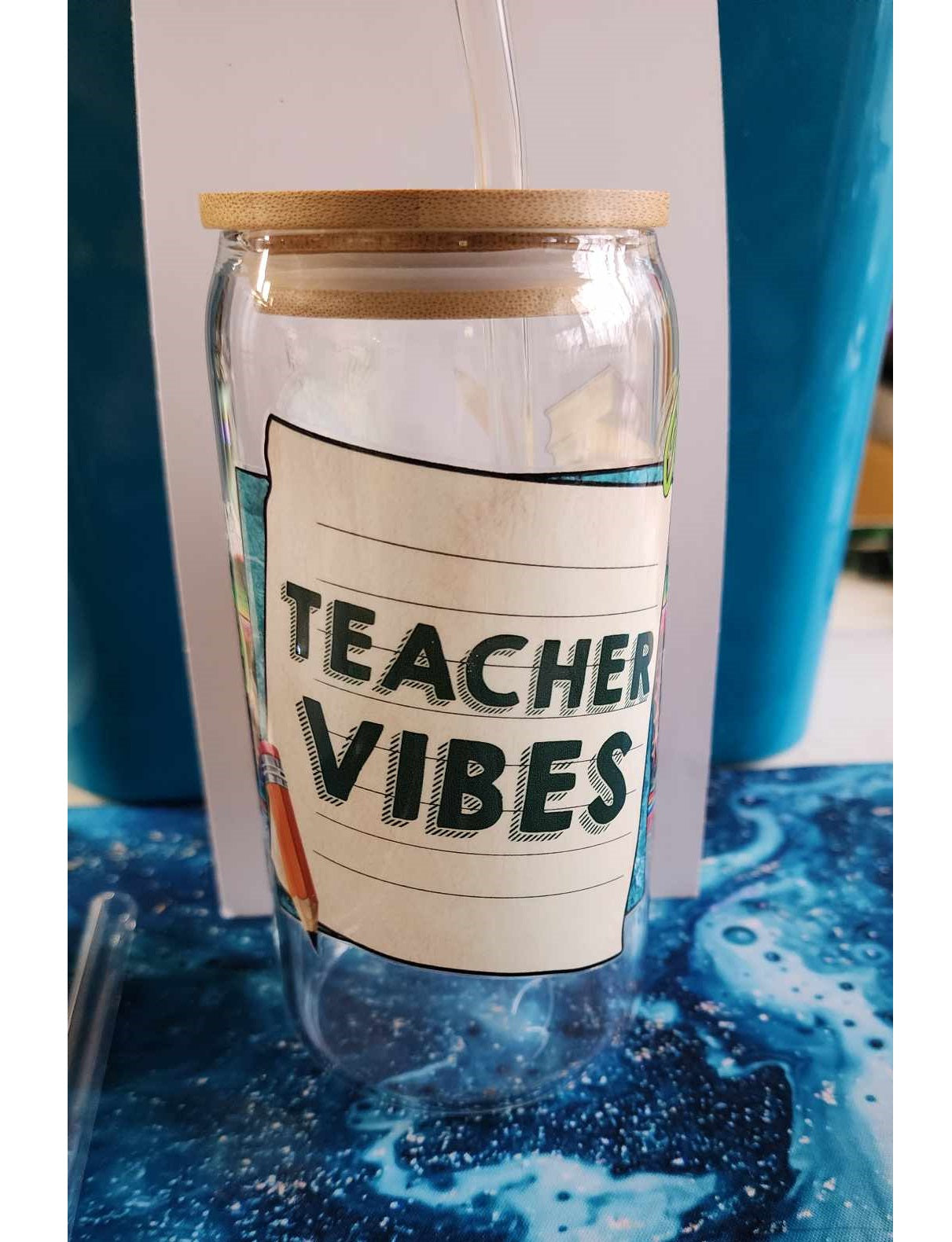 16 Oz Drinking Glasses with Bamboo Lids and Glass Straw - Teacher Vibes